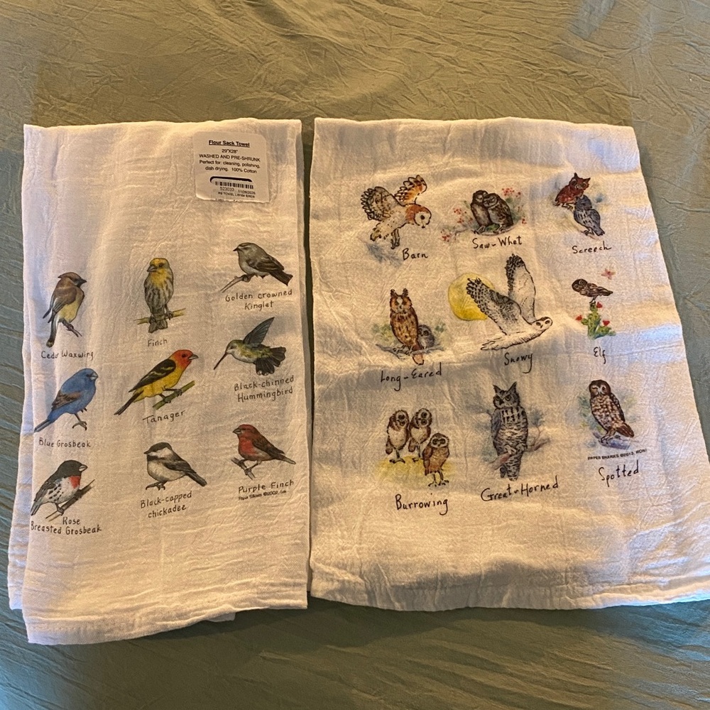 Set of Bird & Owl Print Flour Sack/Tea Towels, perfect for nature lovers